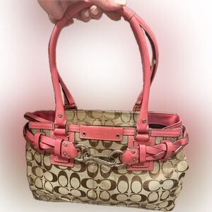 Coach Hampton Beige Canvas Tote with Pink Leather 2007